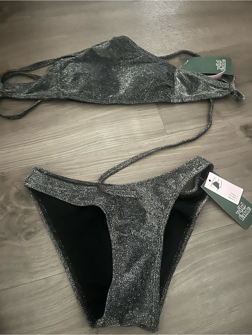 PrettyLittleThing Black and Silver Shimmer Bikini Set
